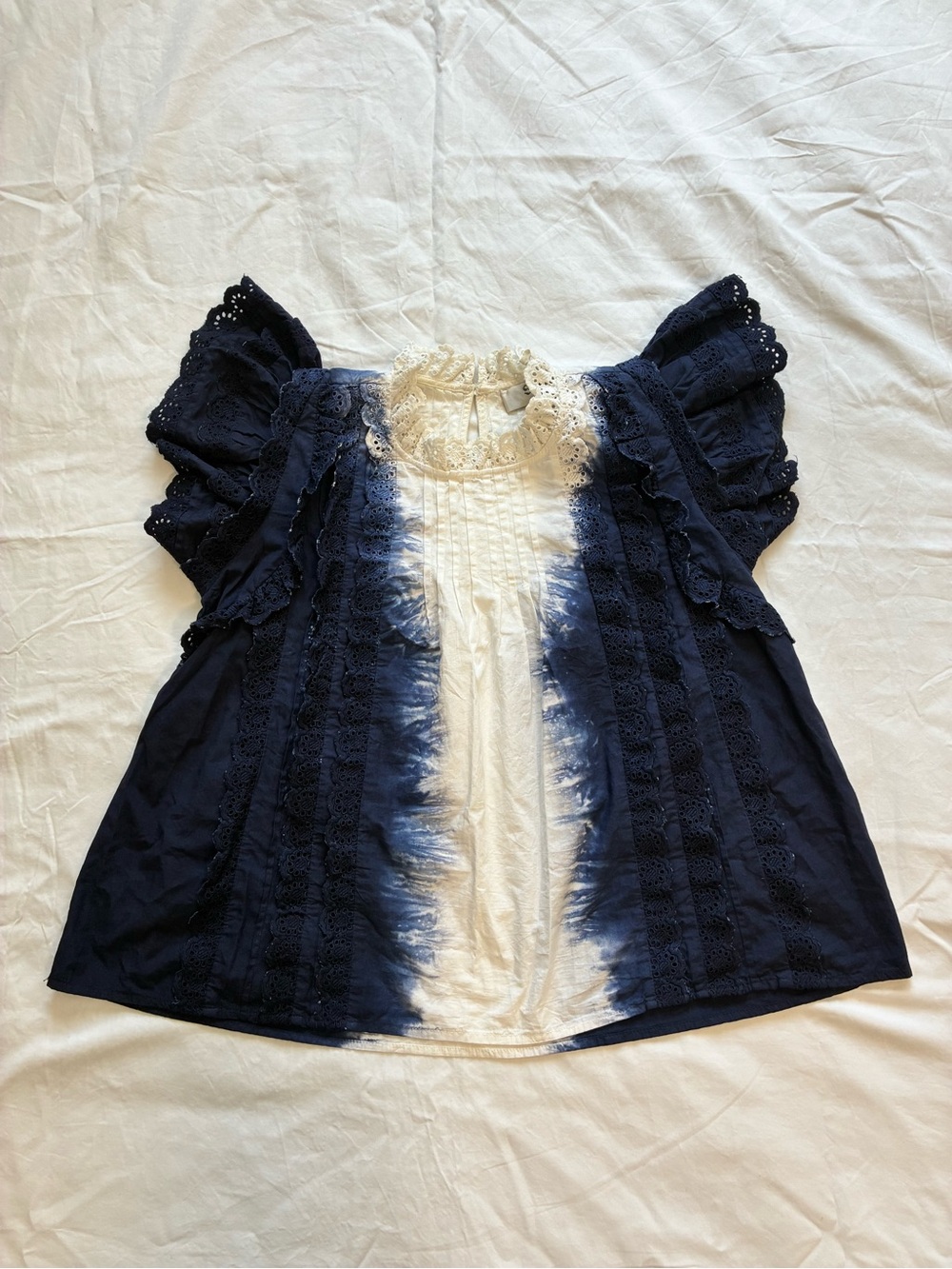 Sea New York Navy and White Tie-Dye Eyelet Ruffle Blouse
